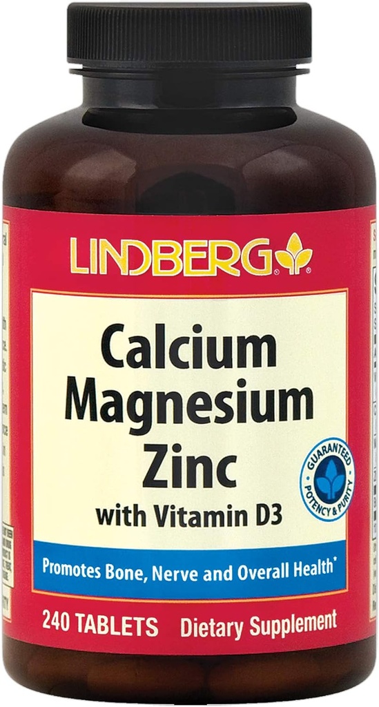 Calcium Magnésium Zinc. 240 Caplets avec vitamine D3 et Boron. Végétarien, Non-OGM, Supplément sans gluten.