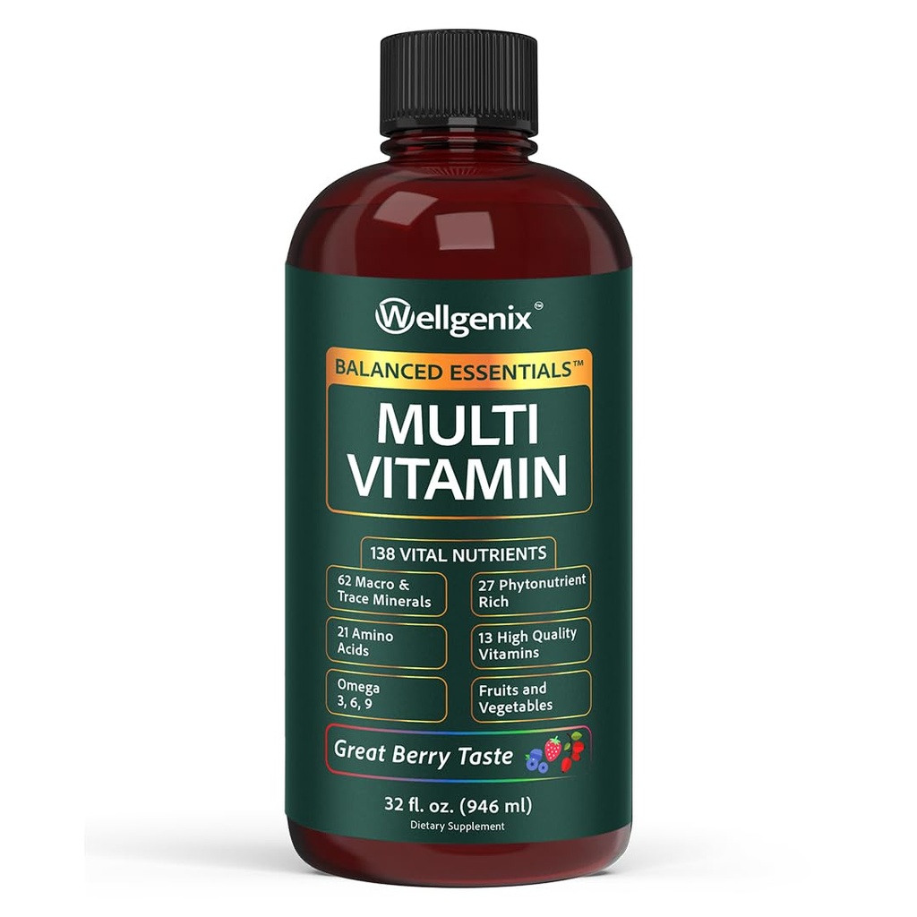 Wellgenix Balanced Essentials Liquid Multivitamin & Minerals, 32 Fl Oz | 138 nutrients per serving in a smooth berry liquid: vitamins, minerals, amino acids, and omega 3-6-9, no pills or gummies