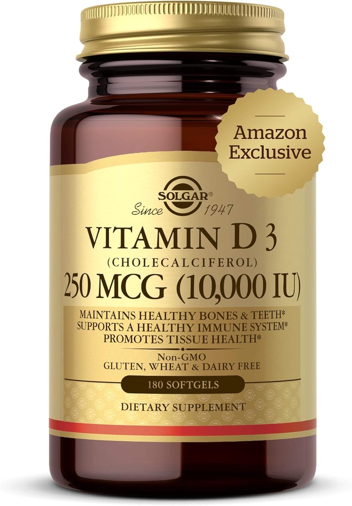 Solgar Vitamin D3 Cholecalciferol 250 MCG 10000 IU Softgels Helps Maintain Healthy Bones Teeth Immune System Support Non-GMO Gluten, Dairy Free Servings, 180 Count