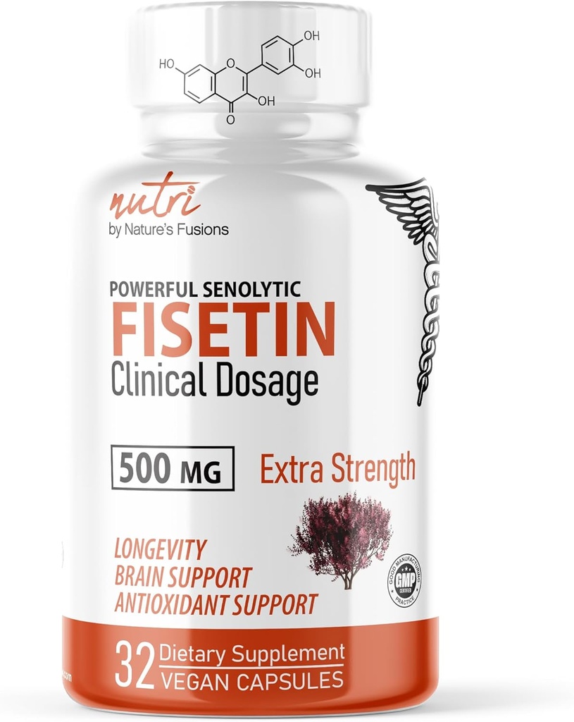 Nature's Fusions Nutri Fisetin 500mg 32 Compte - Posologie clinique - Suppléments de Fisetin - Puissant activateur sénolytique, antioxydant et soutien du cerveau - Polyphénols naturels - 32 Compte