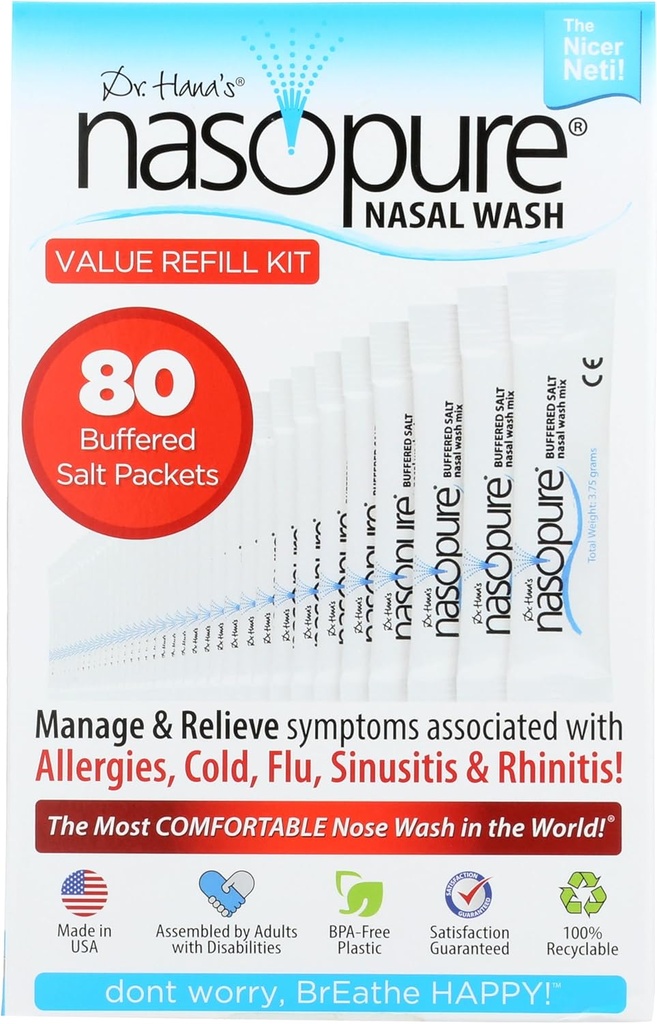 Lavabo nasal nasal nasal, Kit de recharge de valeur, Kit de lavage sinusal Nicer Neti Pot, Confortable rinçage nasal 80 sachets de sel (3,75 grammes chacun), Congestion nasale, froid, grippe, allergie, système d'irrigation nasale