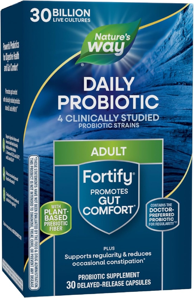 Nature's Way Fortify Daily Probiotic Avec Prébiotique pour les hommes et les femmes, Probiotics for Imune and Digestive Health Support*, 30 milliards de cultures vivantes, 30 capsules