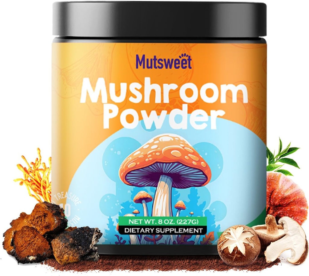 Supplément en poudre de champignons, 75 portions 10 mélanges de champignons pour café & smoothies, 8 oz de champignons & Rhodiola Rosea avec Lions Mane, Reishi, Chaga, Cordyceps pour énergie, mémoire, immune
