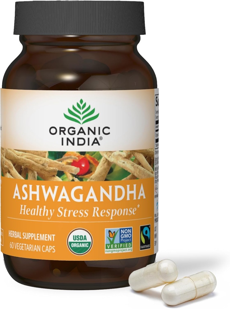 INDE ORGANIQUE Capsules Ashwagandha - Supplément biologique Ashwagandha - Racine d'Ashwagandha végétalien, sans gluten, sans casher, sans OGM, soutient le stress, l'énergie et le sommeil - 60 Capsules