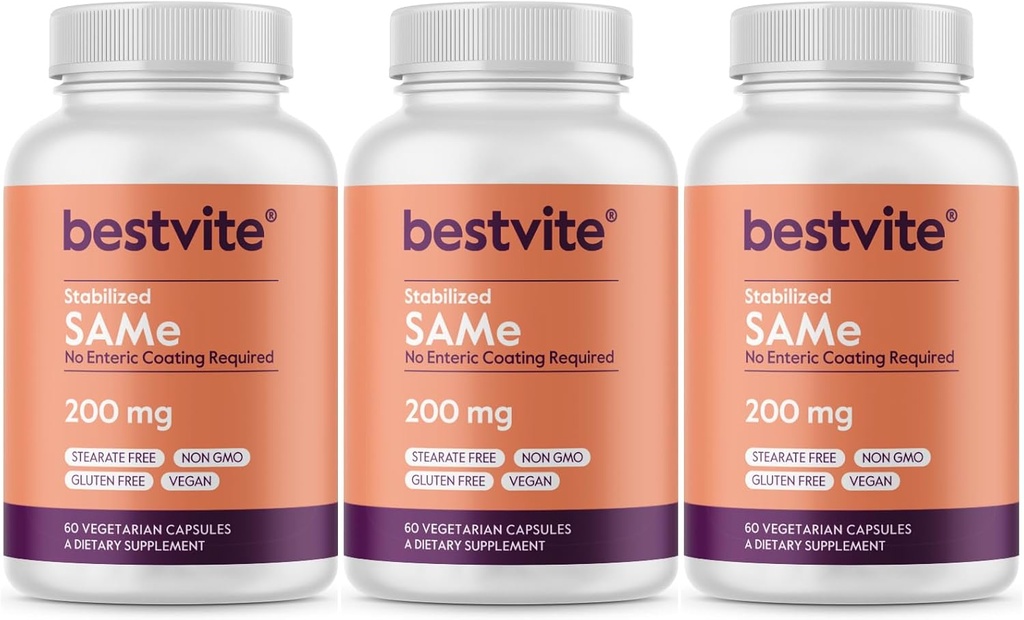 BESTVITE SAM-e 200mg Stabilisé (180 Capsules végétariennes) (3-Pack) - Ingrédient Premium d'Italie contenant plus de 75% (SS) SAM-e, le plus haut niveau actif disponible