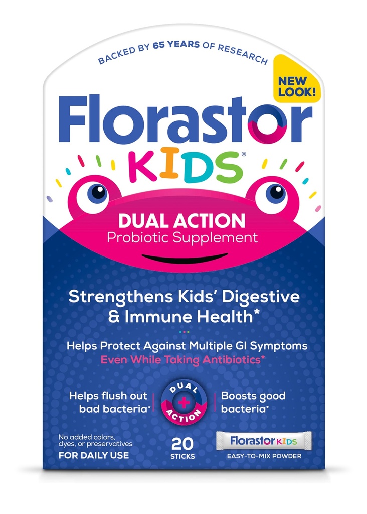 Florastor Kids double action probiotique supplément, renforce la santé digestive et immunitaire des enfants, 20 bâtonnets de poudre facile à mélanger, emballage mai Varier