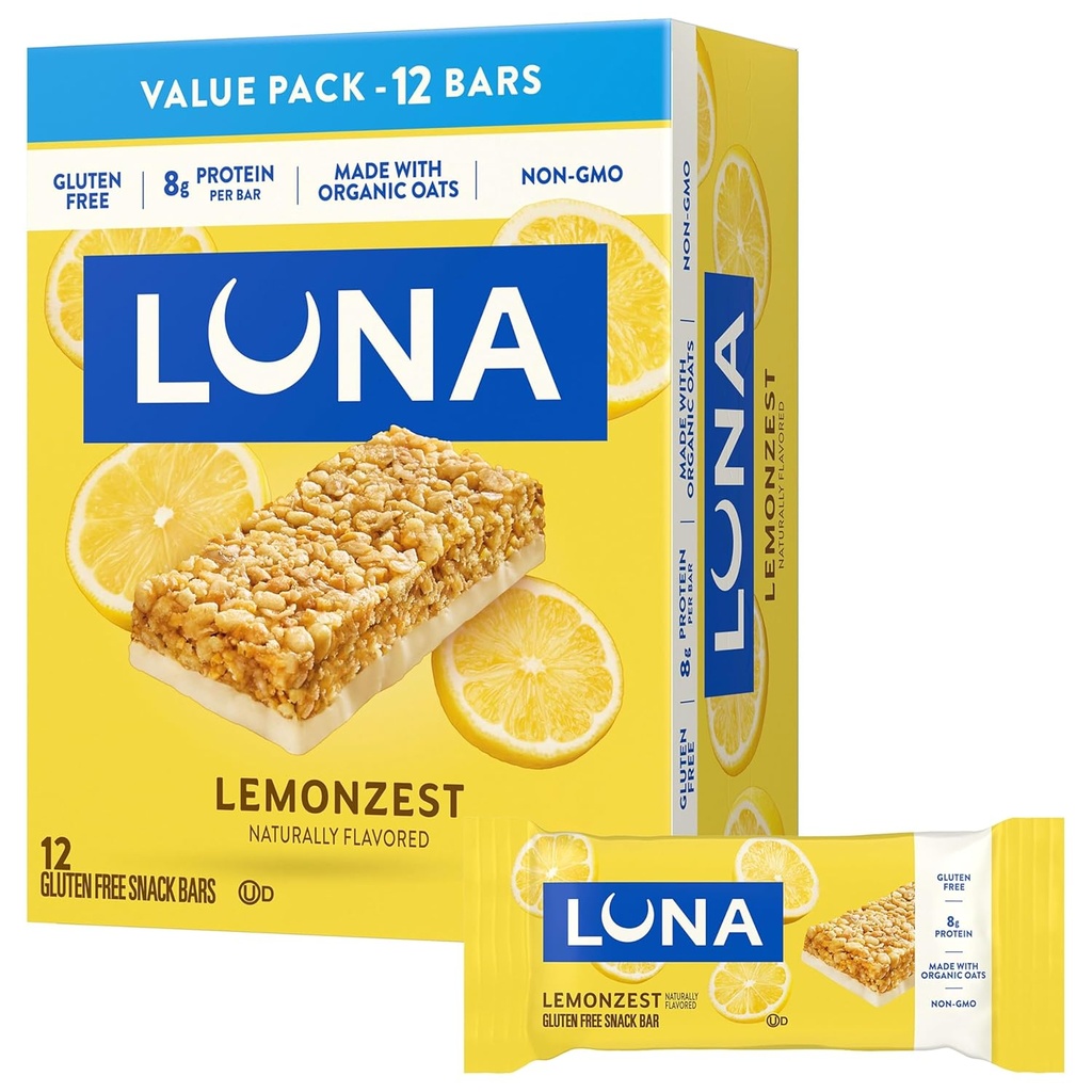 LUNA Bar - LemonZest Flavor - Gluten Free Snack Bars - Non-GMO - Protein Bars - Made with Organic Oats - Value Pack (12 Pack)