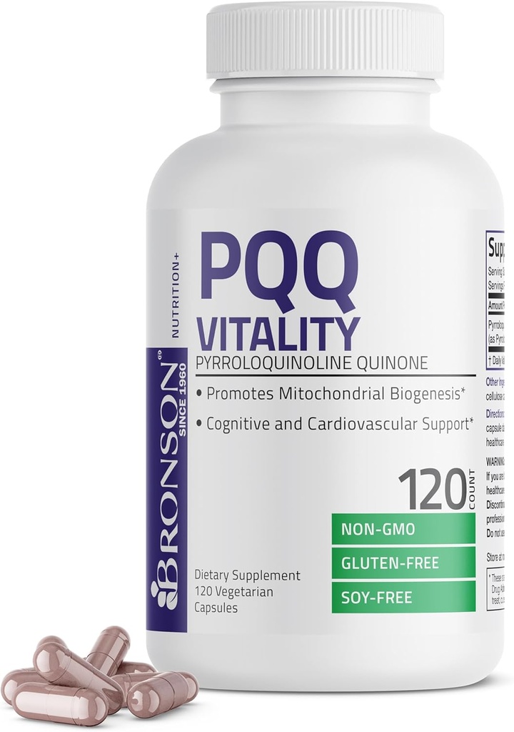Bronson PQQ Vitalité 20mg Pyroloquinoline Supplément quinone favorise la biogenèse mitochondriale non-OGM, 120 Capsules végétariennes