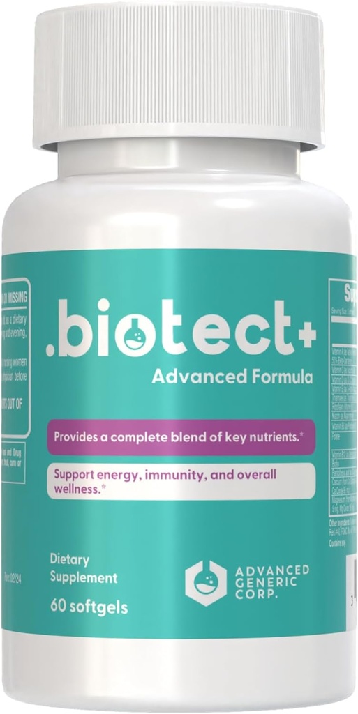 Biotect + Formule avancée de soutien immunitaire - Supplément complet de bien-être quotidien avec des nutriments essentiels pour l'énergie, l'immunité et la santé globale - 60 Softgels, 30 jours d'approvisionnement