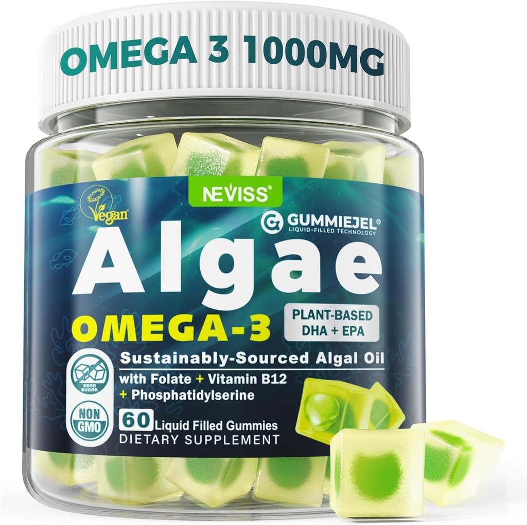 Algae Omega 3 Gummies 1000mg, base végétale DHA 460mg & EPA 230mg, Omega 3 Huile de poisson alternative pour les adultes, Plus MéthylFolate, Vitamine B12, Phosphatidylsérine, Pas de goût de poisson, végétalien, sans sucre, 60 Cts