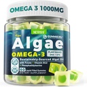 Algae Omega 3 Gummies 1000mg, base végétale DHA 460mg & EPA 230mg, Omega 3 Huile de poisson alternative pour les adultes, Plus MéthylFolate, Vitamine B12, Phosphatidylsérine, Pas de goût de poisson, végétalien, sans sucre, 60 Cts
