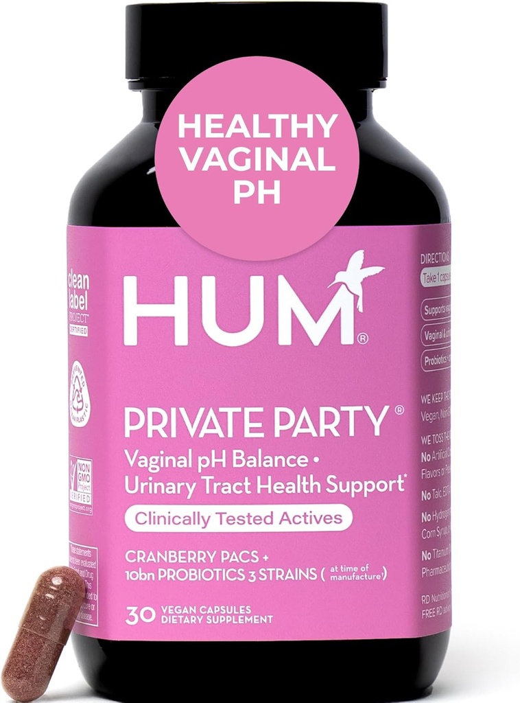 HUM Parti privé Probiotiques vaginaux pour les femmes, pH Balance et traitement urinaire Soutien Supplément probiotique vaginal avec mélange de canneberges et de lactobacillus, pilules pour la santé des femmes, 30 capsules