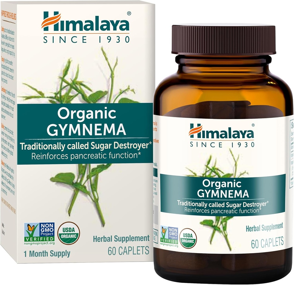 Himalaya Organic Gymnema Sylvestre – Soutien au métabolisme du glucose à base de plantes - USDA Organic, Non-OGM, Vegan, Sans gluten, Sans additif, 700 mg, 60 Caplets