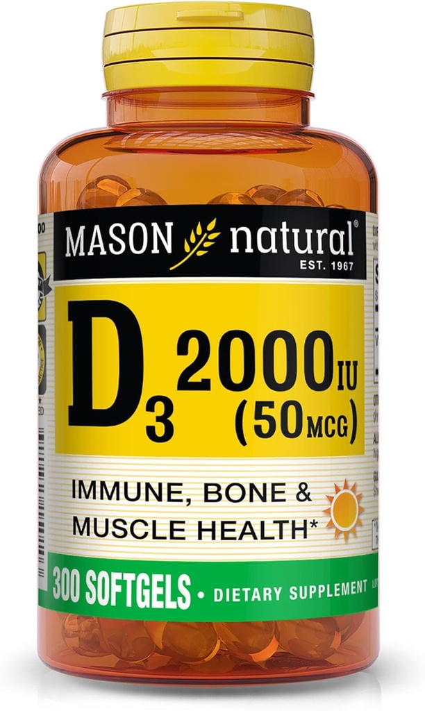 MASON NATURAL Vitamine D3 2 000 UI Ultra Strength, soutient la densité osseuse, la force et la santé immunitaire, 300 Softgels