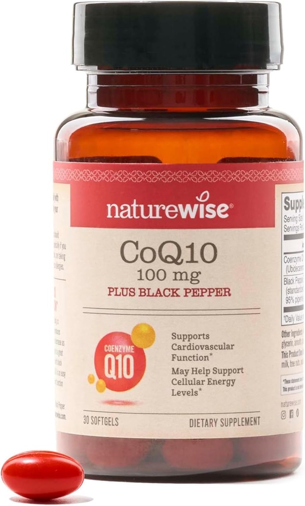 NatureWise CoQ10 100mg + softgels de poivre noir - Coenzyme d'absorption élevée Q10 + poivre noir - Antioxydant pour la santé cardiaque + énergie cellulaire - végétalien, non-OGM, sans gluten - 30comptes[30 jours]
