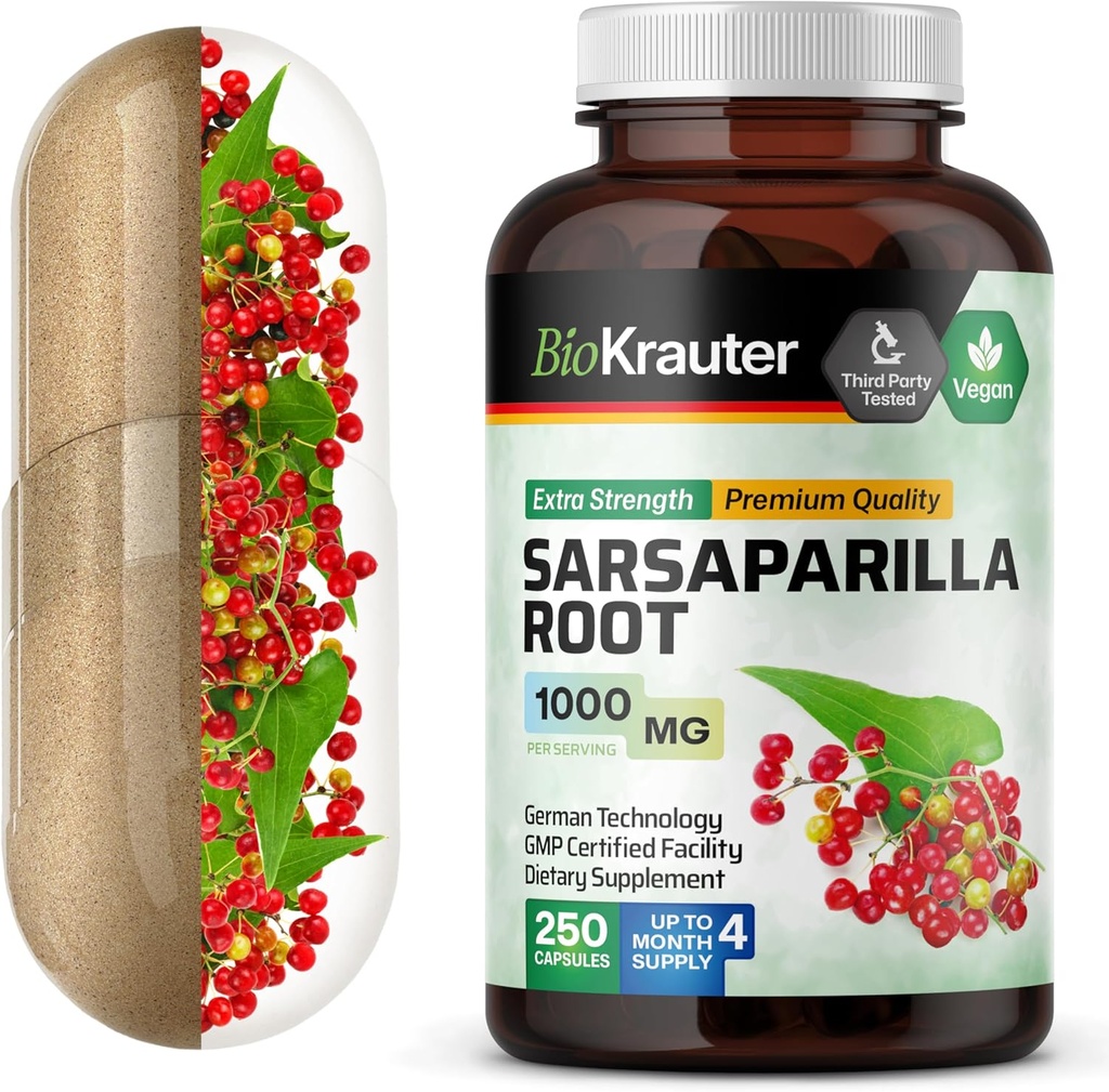 BIO KRAUTER Sarsaparilla Capsules de racines - 1000 mg Résistance - 250 capsules d'extrait de Sarsaparilla végétalien - Pas de remplissage