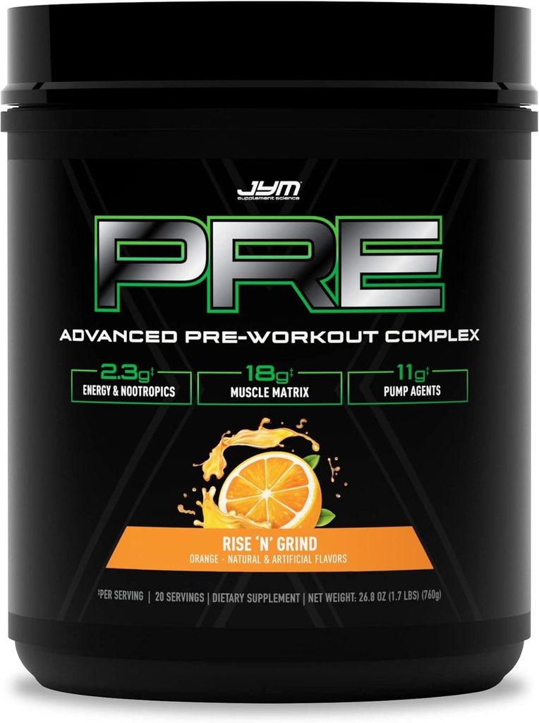 Pré JYM X Rise N' Grind Pompes à poudre pré-entraînement avancées, Nitrate Citrulline, Dynamine, NO3T Betaine, BCAA, Nootropics, Créatine, Beta-Alanine, JYM Supplément Science, 20 portions
