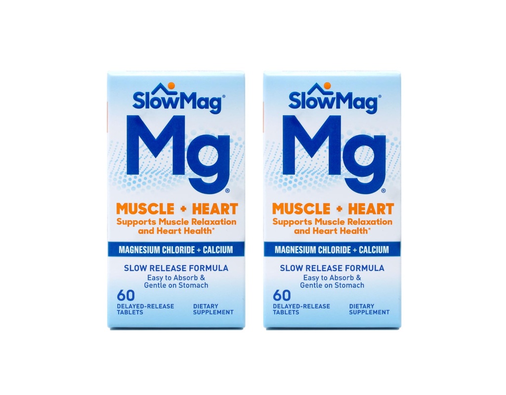 SlowMag Muscle MG + Chlorure de magnésium cardiaque avec comprimés de calcium 60 Compte (paquet de 2)