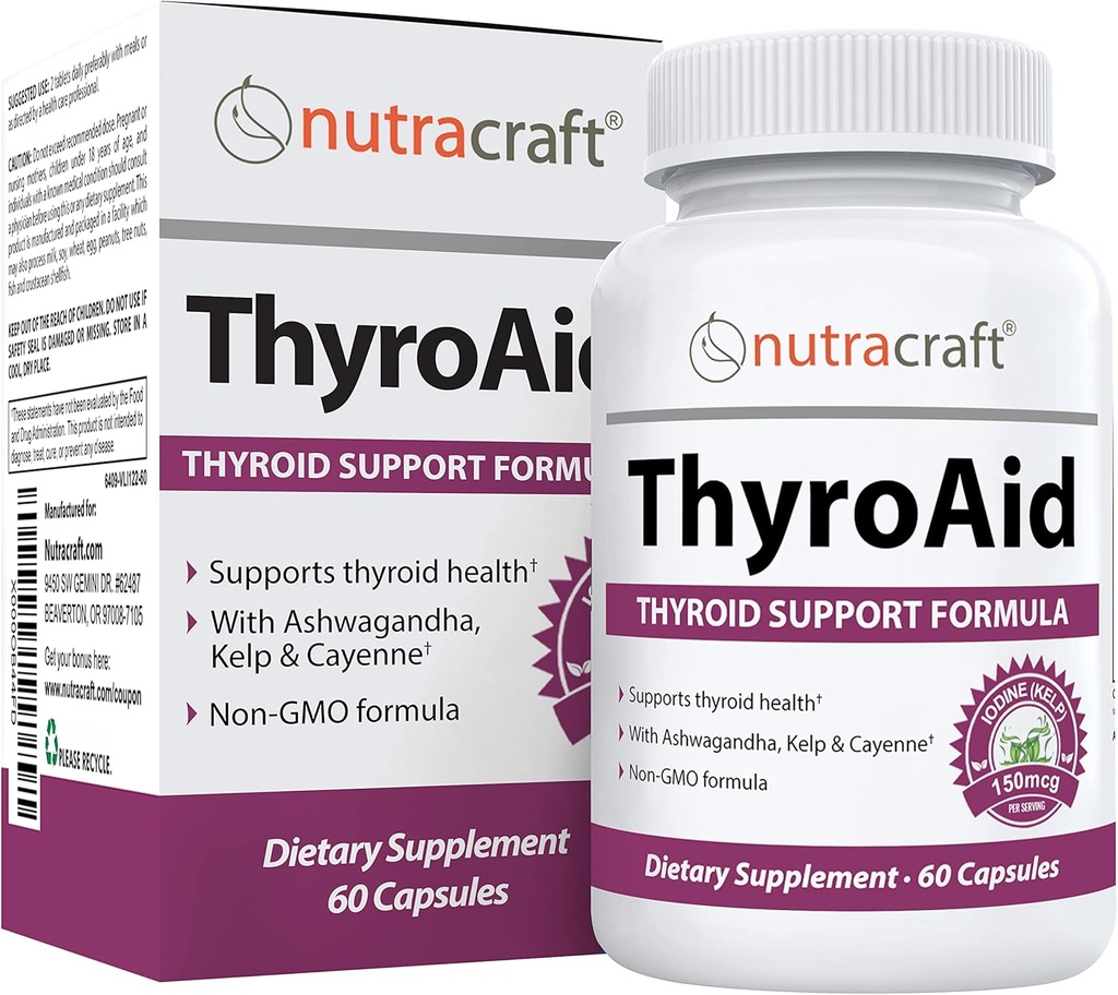 ThyroAid #1 supplément de support thyroïde Formule naturelle de thyroïde à base de plantes avec l'iode (Kelp), Ashwagandha, L-Tyrosine et plus encore Soutien Thyroïde Santé et Niveaux d'énergie