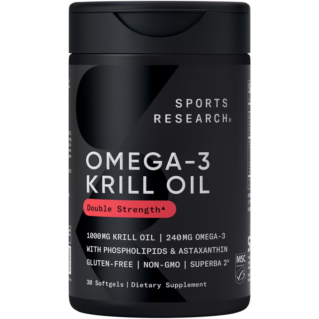 Recherche sportive Krill Oil Supplement avec EPA & DHA Omega 3, Phospholipides et Astaxanthin de l'Antarctique Krill - Concentration maximale d'huile de Krill pour les hommes et les femmes - 1000mg, 30 Capsules Softgel