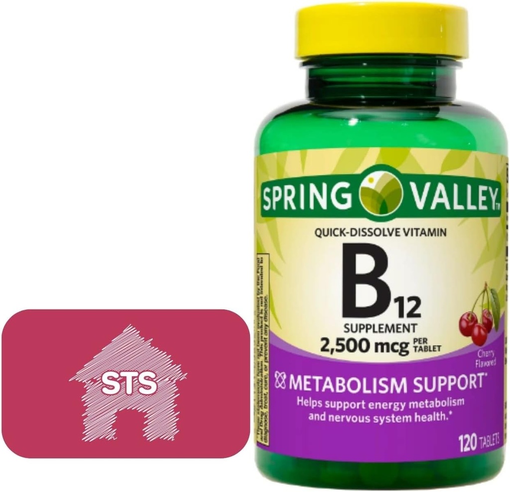 Spring Valley - Vitamin B12 Quick-Dissolve Tablets, 2,500 mcg, Cherry Flavor, 120 Count + STS Sticker.