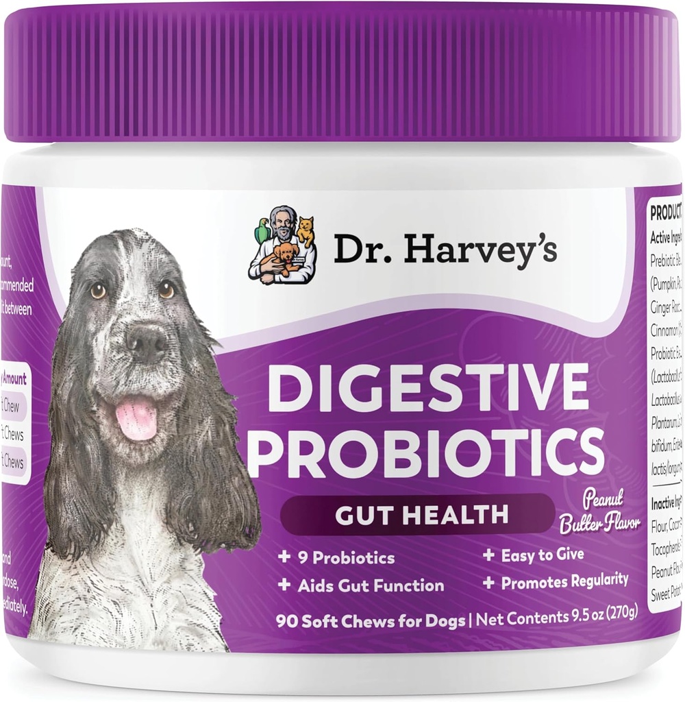 Dr Harvey's Digestive Probiotic Soft Chews for Dogs, 9 probiotiques pour la santé de la rouille, la diarrhée et le soutien de l'intestin, le beurre d'arachide (90 Chews)