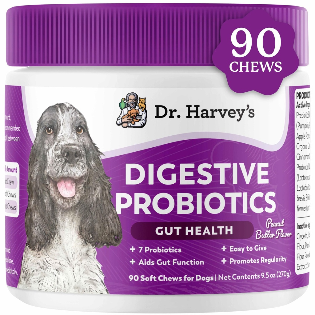 Dr Harvey's Digestive Probiotic Soft Chews for Dogs, 9 probiotiques pour la santé de la rouille, la diarrhée et le soutien de l'intestin, le beurre d'arachide (90 Chews)
