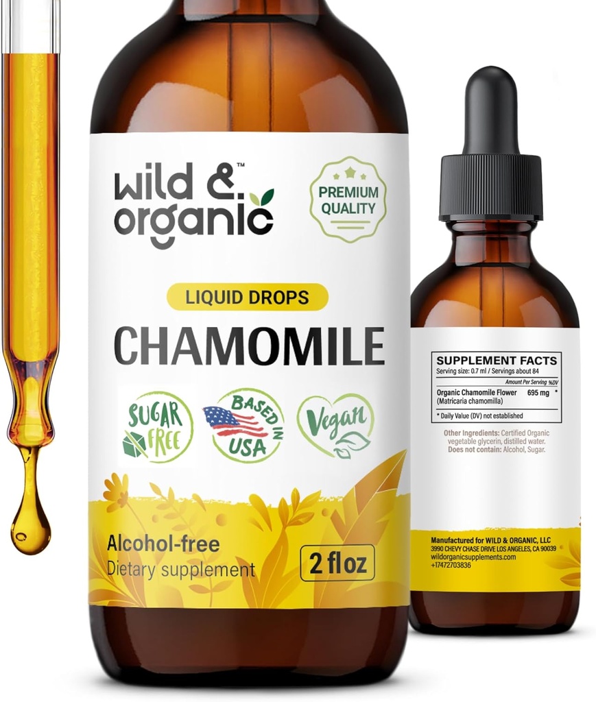 Teinture de camomille sauvage et biologique - Supplément de camomille relaxant et calmant - gouttes d'extraits de fleurs liquides - végétalien, sans sucre et sans alcool - 2 fl oz