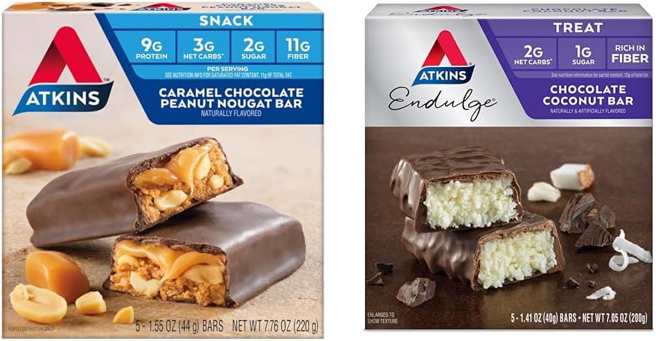 Atkins Caramel Chocolat d'arachides Nougat Snack Bar, 5 Coconut Bar et chocolat, 5 Coconut Bundle