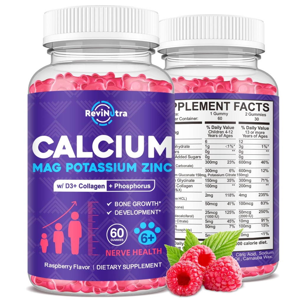 Gommies de magnésium de potassium de calcium pour enfants et adultes, avec collagène hydrolysé, zinc, phosphore, multivitamine pour le sommeil, force osseuse, soutien de la densité, sans sucre, framboise 60 gommies