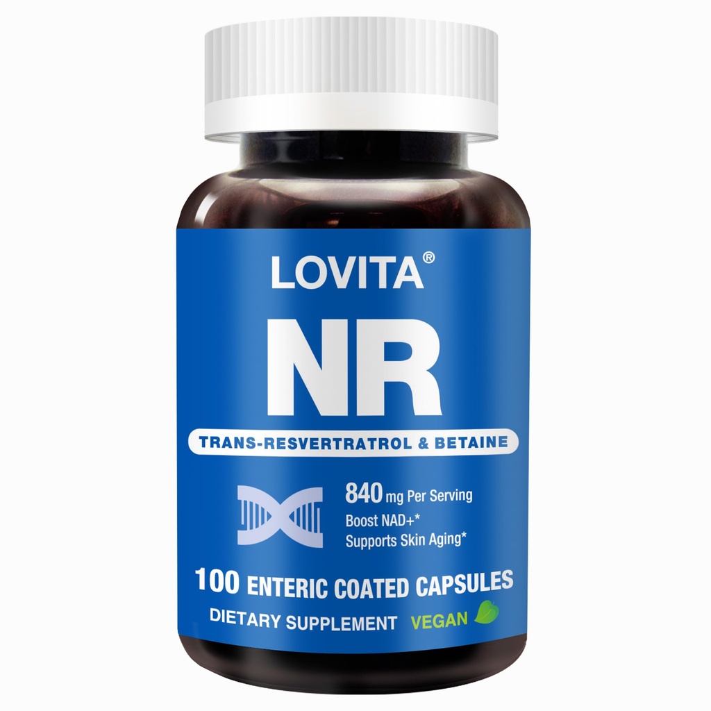 LOVITA NAD+ Supplement 840mg, NR (Nicotinamide Riboside) with Trans-Resveratrol and Betaine, Promote NAD Plus Boost Levels, Healthy Aging, Cellular Energy, 100 Vegan Enteric-Coated Capsules