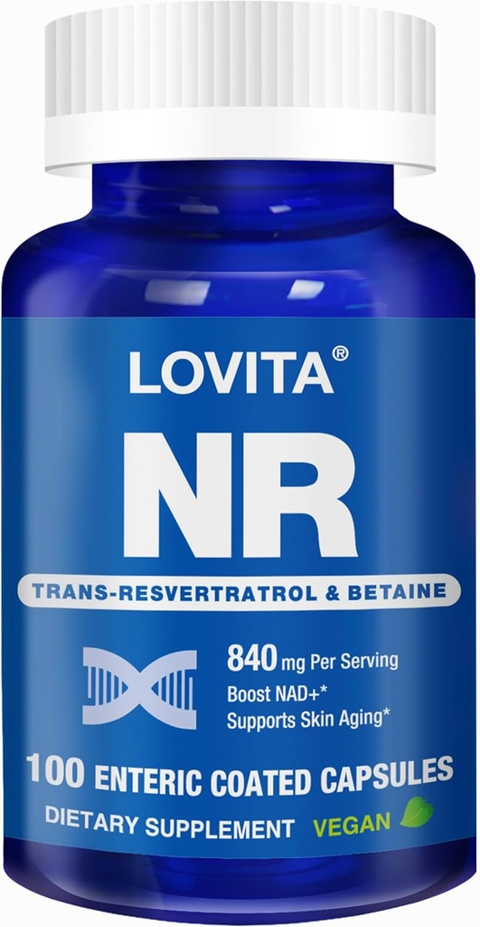 Lovita NR (Nicotinamide Riboside) 840 mg, supplément NAD avec trans-résvératrol et bêtaine, promouvoir les niveaux NAD Plus, le vieillissement en santé, 100 capsules entériques véganes