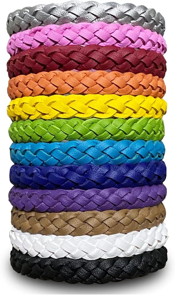12 Pack Bracelets anti-moustiques, couleur solide Insecte en cuir emballé individuellement et bandes de poignets anti-bugues pour enfants et adultes Camping de plein air Pêche Voyage