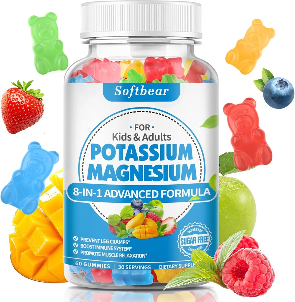 softbear Gommies de potassium pour adultes, supplément de magnésium de potassium à haute absorption avec vitamine B6 CoQ10 pour les crampes des jambes et la santé musculaire sans sucre Vegan fruits mélangés saveur 60 Gommies