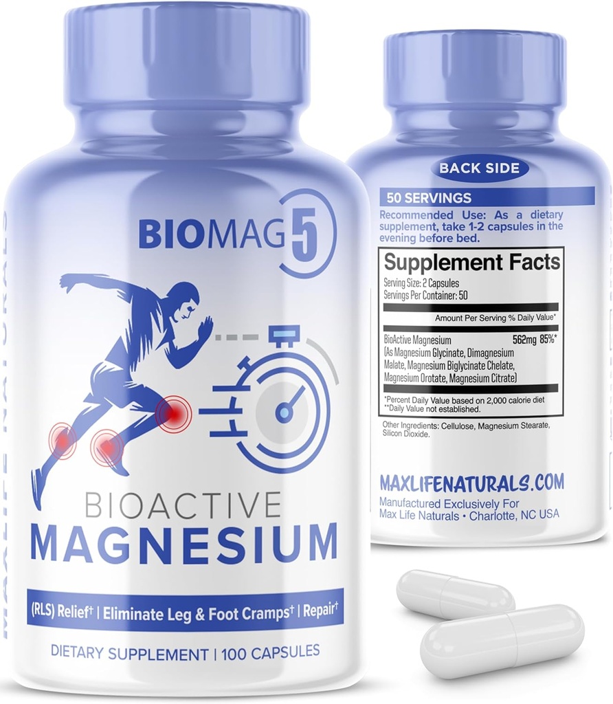 BioMag 5 supplément complexe de magnésium pour les femmes et les hommes, 100 capsules - Formulé aux États-Unis - Suppléments de chélate de glycinate de magnésium bioactif et biodisponible