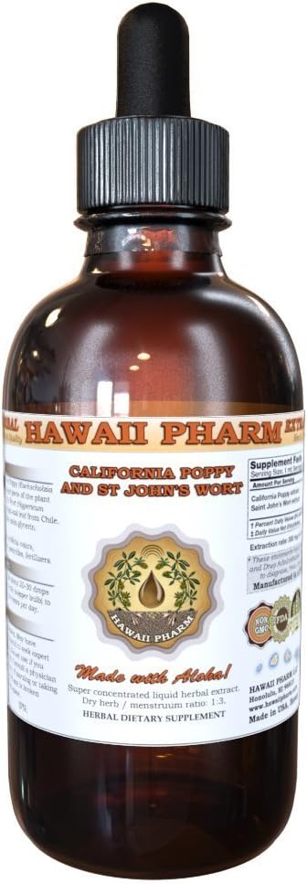 HawaiiPharm California Poppy and St John's Wort Liquid Extract, Bio California Poppy (Eschscholzia Californica) et St John's Wort (Hypericum Perforatum) Supplément de teinture 4 oz