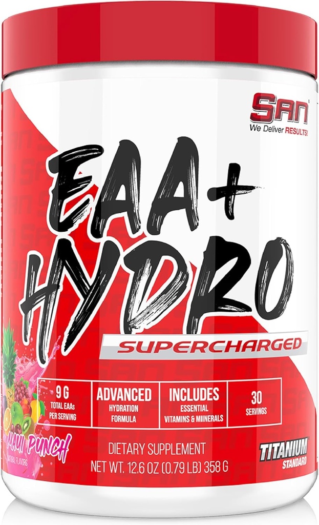 SAN EAA Hydratation : AAE + BCAA : récupération des muscles et intras Acides aminés essentiels : 9G + électrolytes : Punch Maui 30
