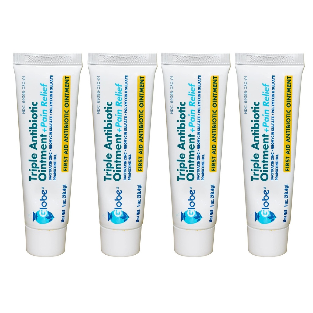 Globe (4 pack triple antibiotique + onguent de soulagement de la douleur 1 oz, antibiotique de premiers soins, apaise la douleur, les coupures, les brûlures et les éclats 24 heures de protection contre l'infection