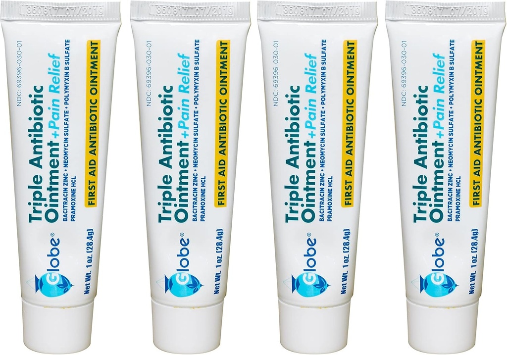 Globe (4 pack triple antibiotique + onguent de soulagement de la douleur 1 oz, antibiotique de premiers soins, apaise la douleur, les coupures, les brûlures et les éclats 24 heures de protection contre l'infection
