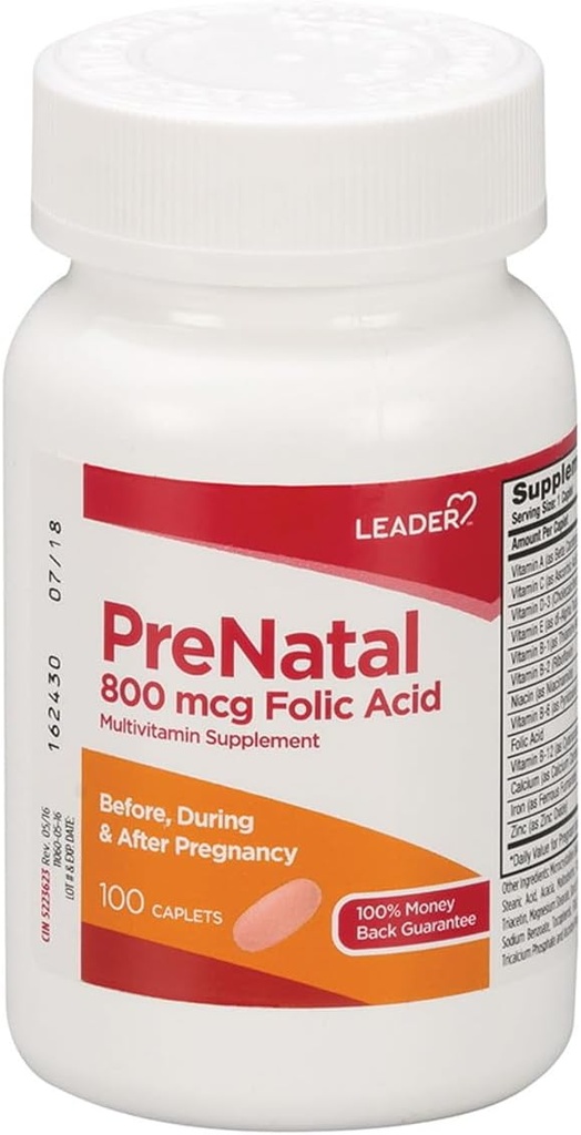 Leader Multivitamine prénatale avec acide folique de 800 mcg et nutriments essentiels pour une grossesse et un développement foetal sains, vitamine de haute puissance pour attendre les mères, soutien quotidien, 100 capsules (2-pack)
