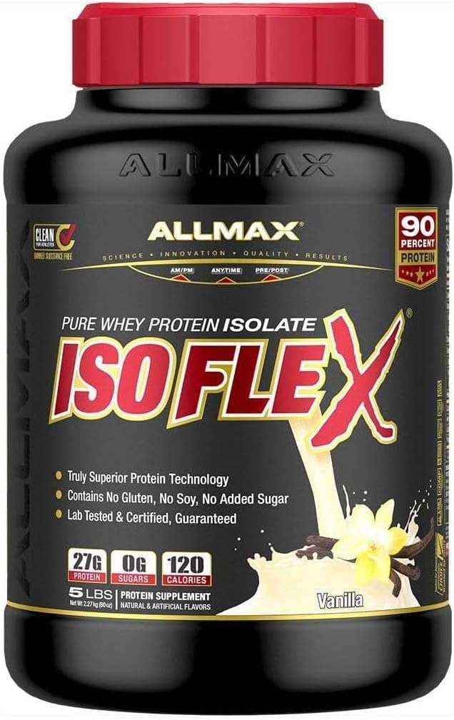 ALLMAX ISOFLEX Isolate de protéines de lactosérum, Vanille - 2 lb - 27 grammes de protéines par scoop - Zéro gras et sucre - 99% Sans lactose - Sans gluten et sans soja - Env. 30 portions
