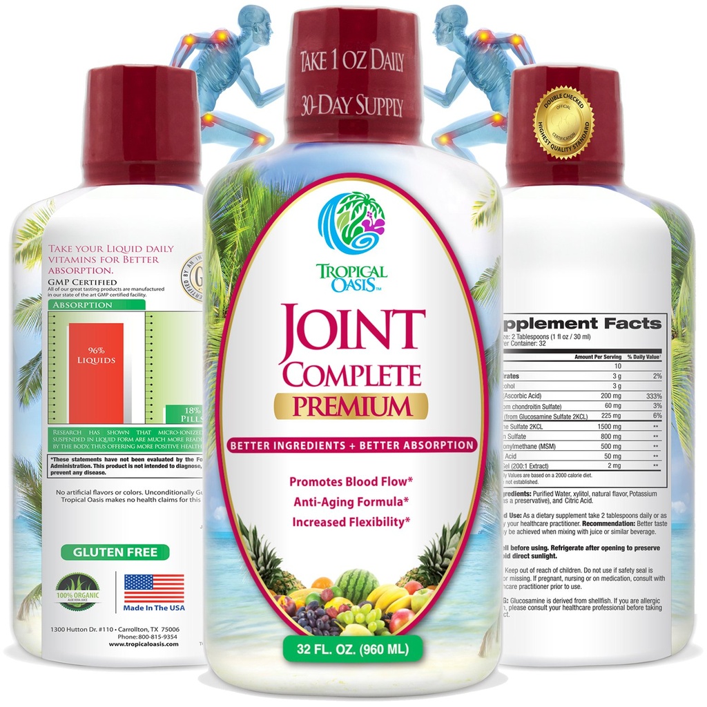 Oasis Tropical Joint Complete Premium - Supplément de joint liquide avec sulfate de glucosamine liquide, chondritine, MSM et acide hyaluronique - 96% d'absorption max– 32oz, 32 serv, 33484