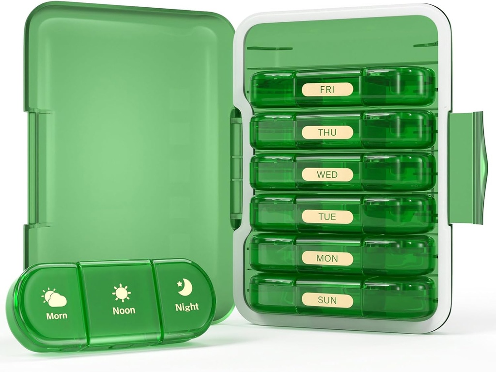 Organisateur hebdomadaire de pilules 3X par jour, boîte à pilules de 7 jours 3 fois, portable pour le cas de pilules de voyage pour les pilules/vitamine/pêche, huile/médication/compléments (3x7 vert)