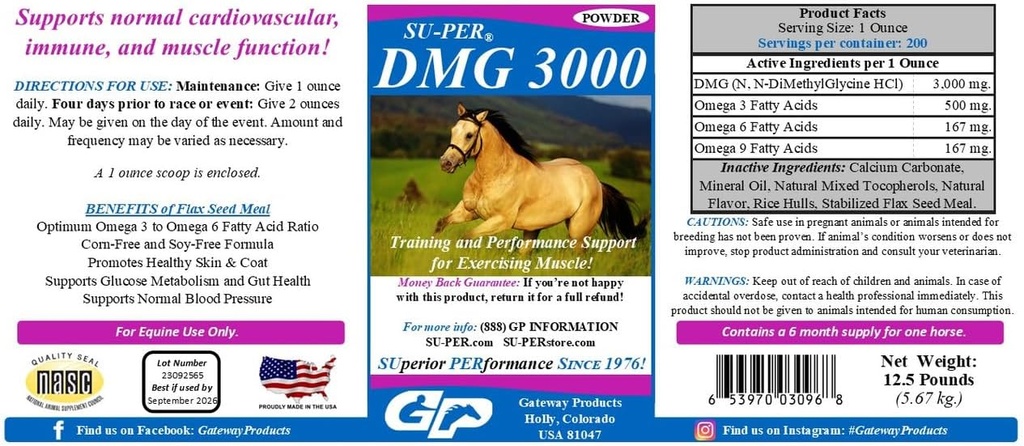 SU-PER DMG 3000 Horse Supplement - Training & Performance Support Powder - Supports Normal Cardiovascular Immune & Muscle Function - 12.5 Pounds, 6 Month Supply