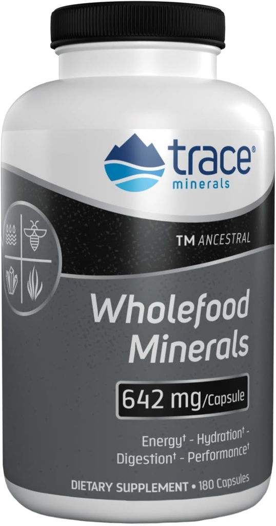 Trace Minerals Minerals Wholefood Minerals - Supplément de soutien à la santé du corps et du cerveau - Supplément de santé alimentaire avec le pollen d'abeilles de fleurs sauvages et le Kelp de l'Atlantique - Aides Fonction nerveuse et santé digestive - 180 capsules