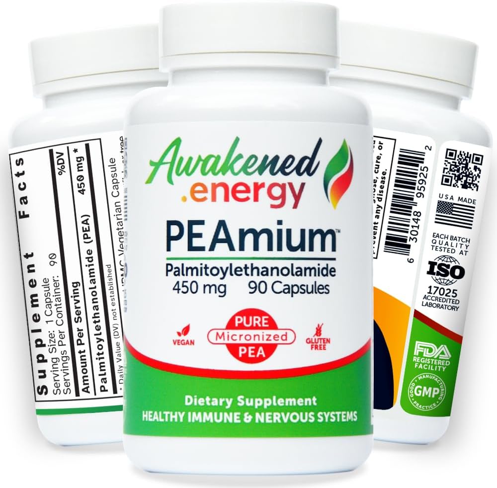 Palmitoyléthanolamide 450mg Confort Mobilité Nerves Cognitive & Immmune Support - Micronised High Absorption - Tous les pois naturels - États-Unis Fabriqué - Pas d'additifs ou d'excipients – 90 Capsules Vegan Supplément