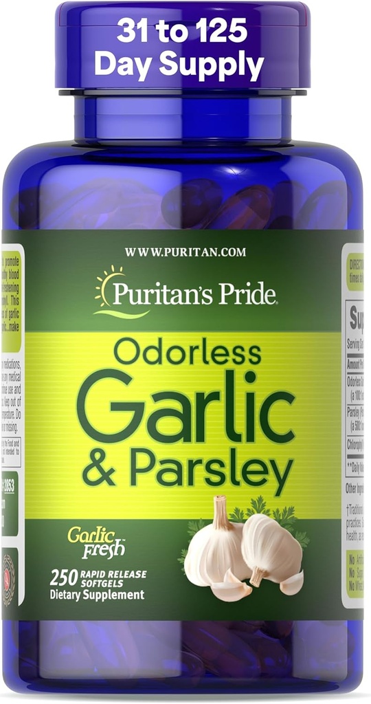 Puritan's Pride Preimum Odorless Garlic 5 mg (équivalent de 500 mg) et persil, supplément alimentaire traditionnel pour la santé cardiaque, la circulation et le soutien du flux sanguin, 250 softgels à libération rapide