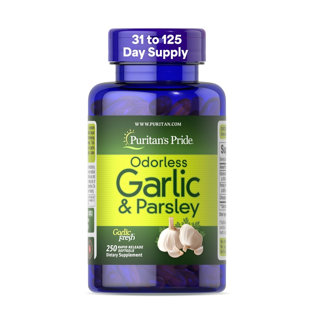 Puritan's Pride Preimum Odorless Garlic 5 mg (équivalent de 500 mg) et persil, supplément alimentaire traditionnel pour la santé cardiaque, la circulation et le soutien du flux sanguin, 250 softgels à libération rapide