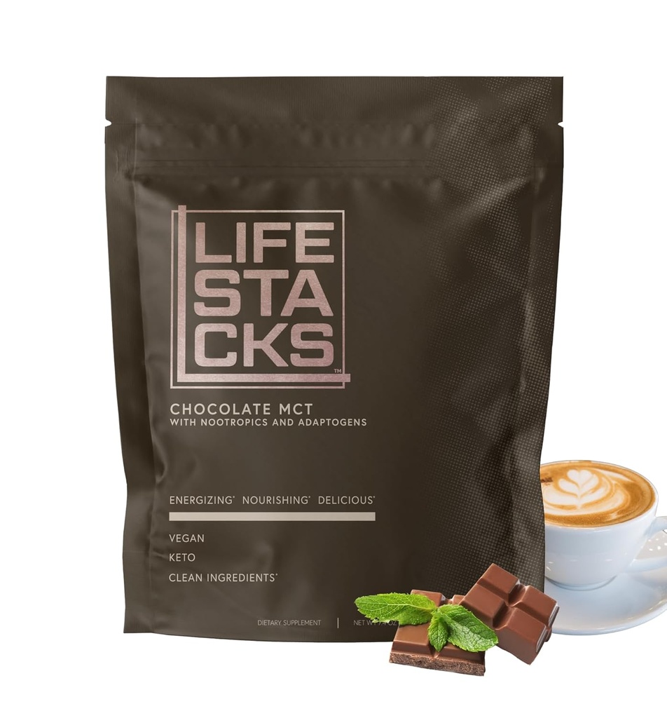LIFESTACKS Focus Chocolate Coffee Creamer for Energy - MCT Powder + Nootropics + Adaptogens - Boost Productivity Without Jitters or Crash - Keto, Vegan, 0 Sugar - with Taurine, L-Tyrosine, Rhodiola