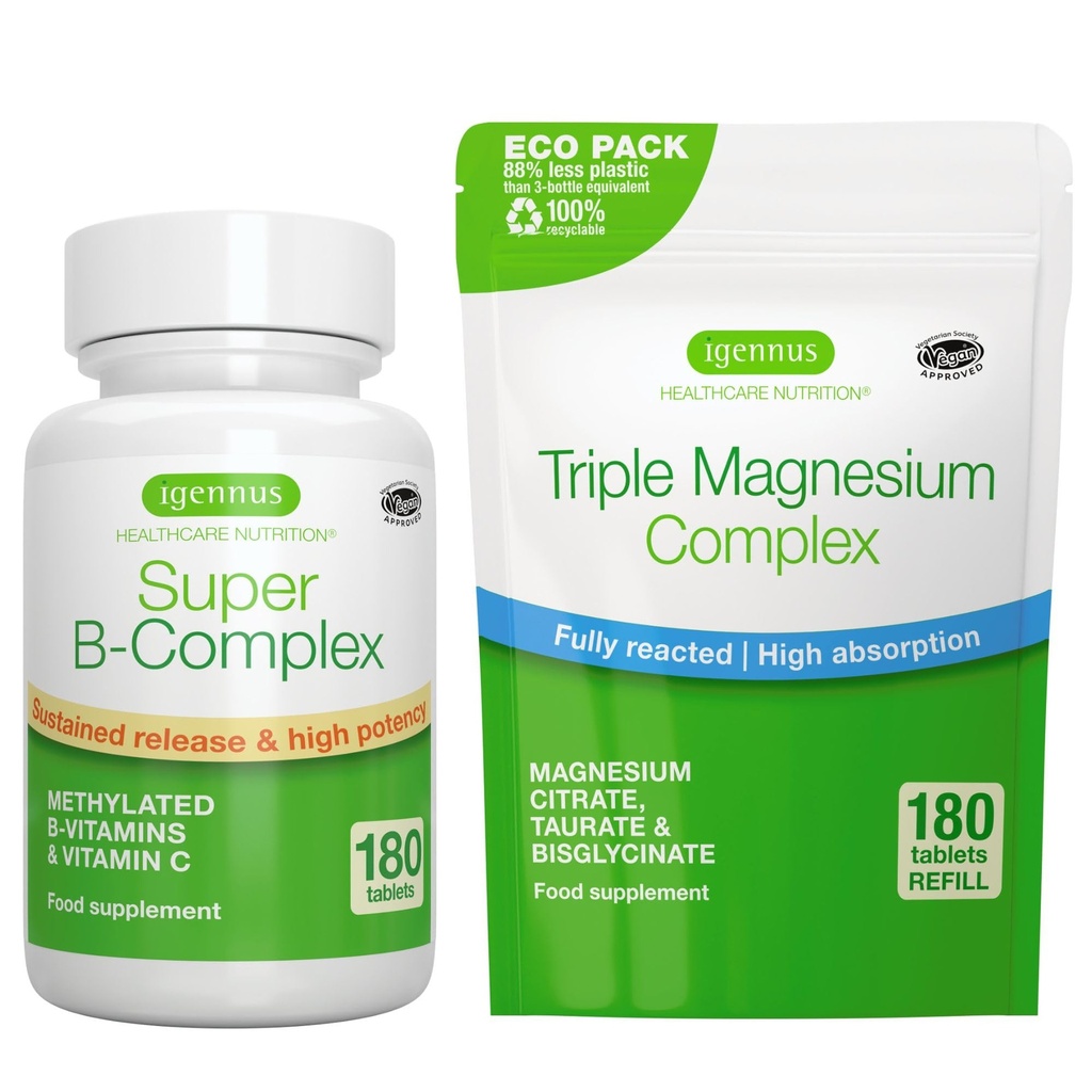 Comprimés Super B-Complex 180 + Complexe Triple Magnésium 180 Comprimés Ensemble végétalien, Complexe Méthylé à libération prolongée B + Haute absorption Magnésium chélaté Glycinat, Taurate et Citrate, par Igennus
